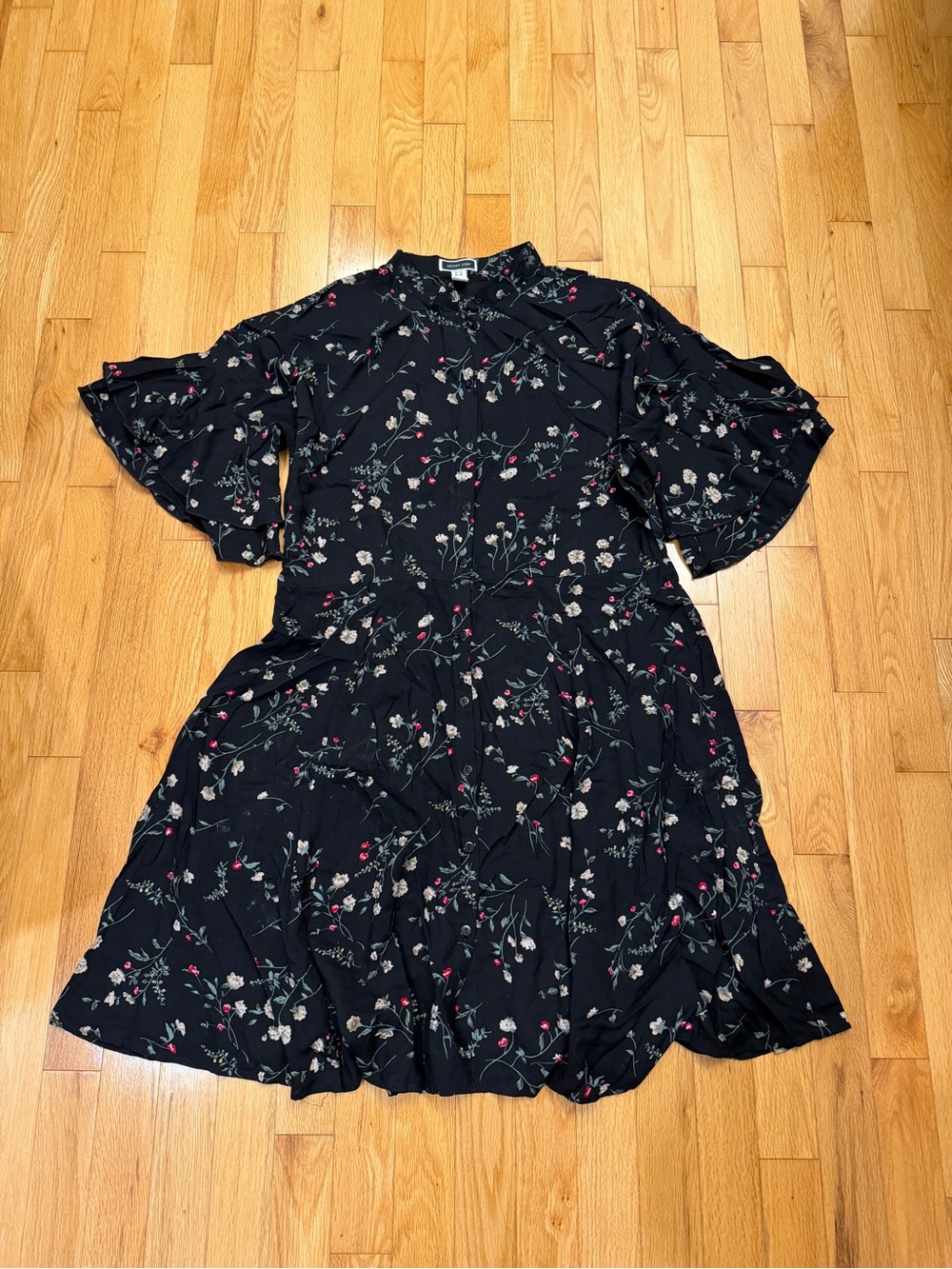 Floral Black Ruffle-Sleeve Dress